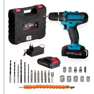Taladro inalámbrico 98V con dos baterías y set de accesorios, ideal para trabajos en hogar o industria