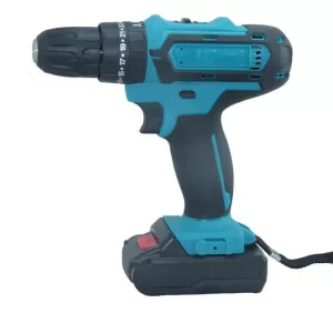 Taladro inalámbrico 98V con dos baterías y set de accesorios, ideal para trabajos en hogar o industria