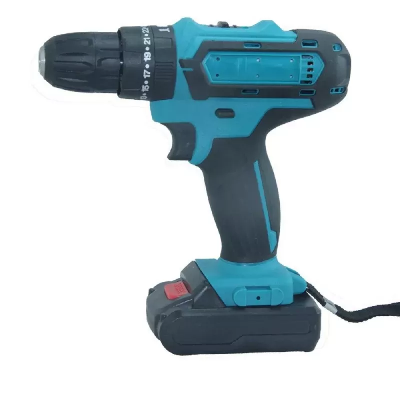 Taladro inalámbrico 98V con dos baterías y set de accesorios, ideal para trabajos en hogar o industria