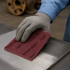 Mano con guante utilizando la almohadilla Scotch-Brite 7447 para limpiar una superficie metálica en un entorno industrial.