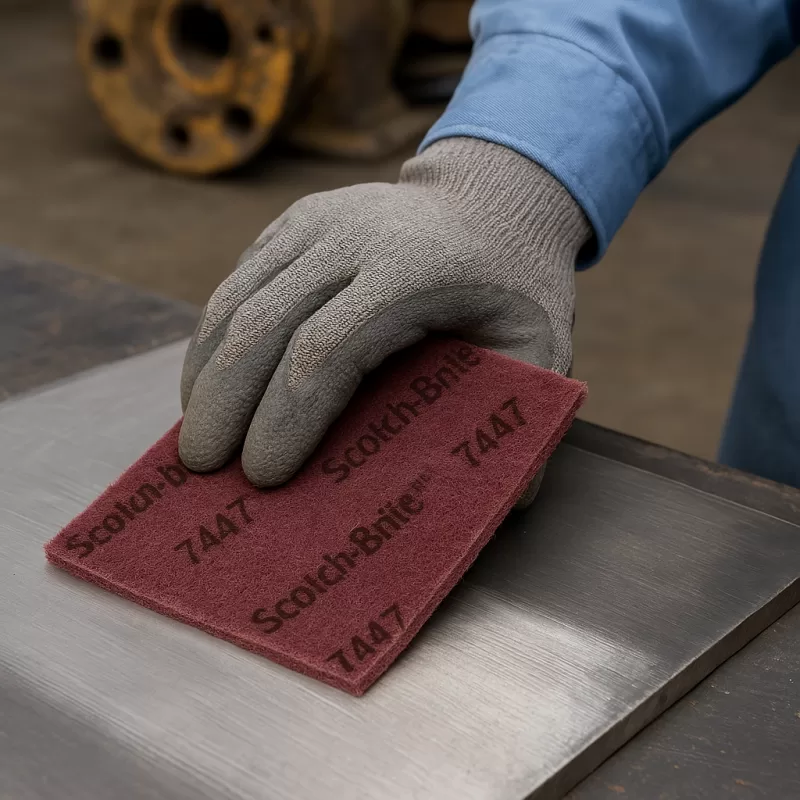 Mano con guante utilizando la almohadilla Scotch-Brite 7447 para limpiar una superficie metálica en un entorno industrial.