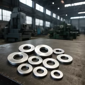 Golillas planas de acero inoxidable sobre una mesa en taller industrial, ideales para aplicaciones mecánicas y estructurales.